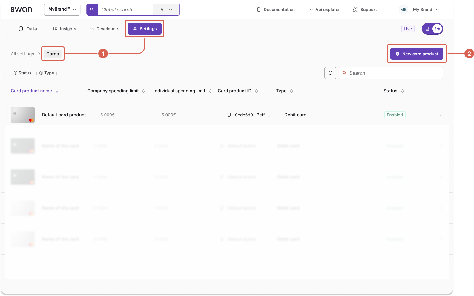Screenshot of the Dashboard modal to add a new card product